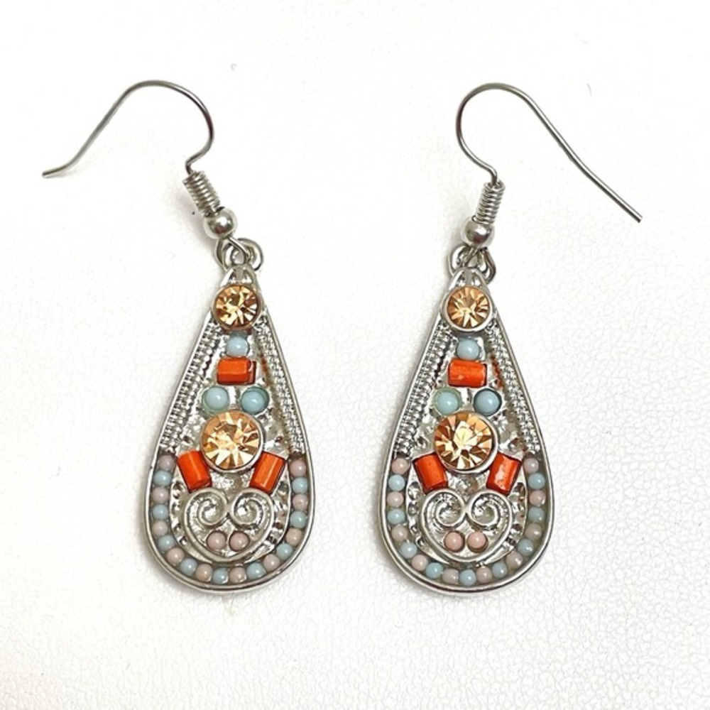 Mudd Dangle Silver Teardrop Earrings Gems Beads Geometric